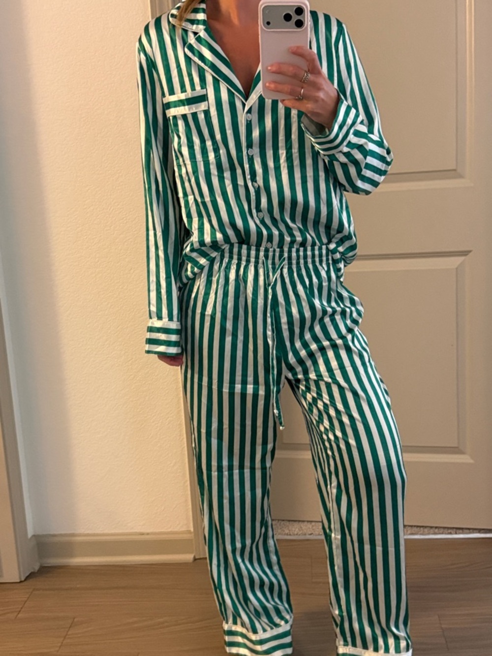Green and White Striped Pajama Set